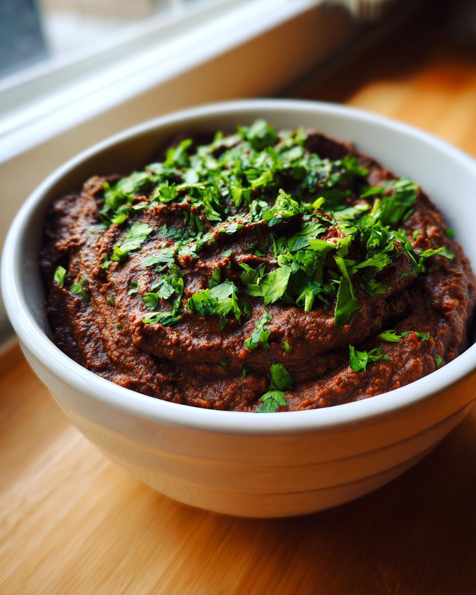 A close-up of a creamy, dark brown black bean dip garnished generously with chopped fresh cilantro in a white bowl.