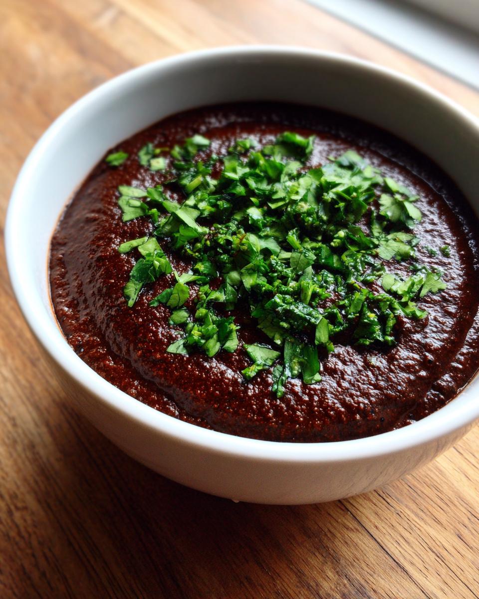 Close-up of a rich, dark brown black bean dip garnished generously with fresh chopped cilantro.