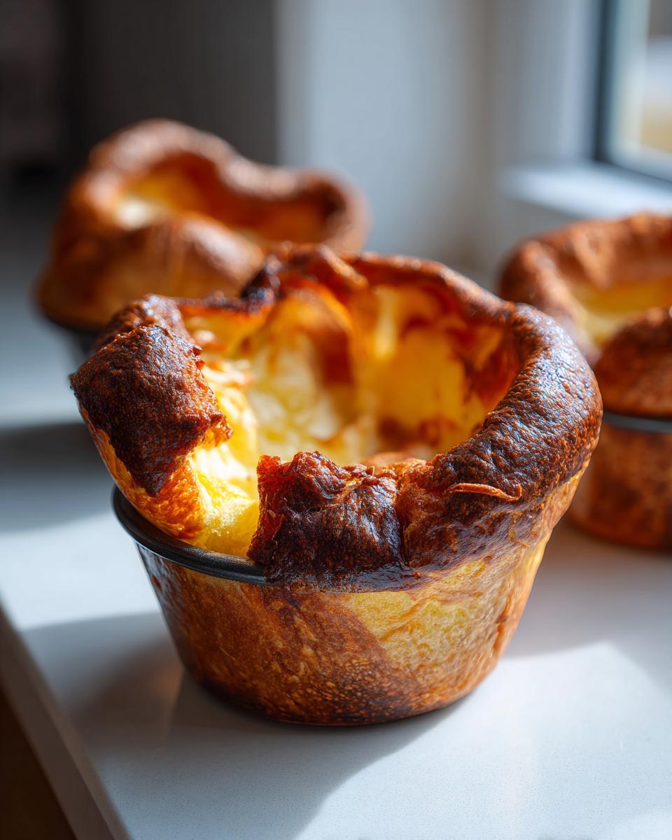 Close-up of a perfectly risen, golden brown yorkshire pudding fresh from the oven in its baking tin.