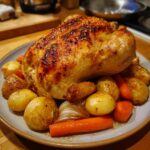 A golden-brown roast chicken served with roasted potatoes, carrots, and onions, perfect for Sunday dinner ideas.