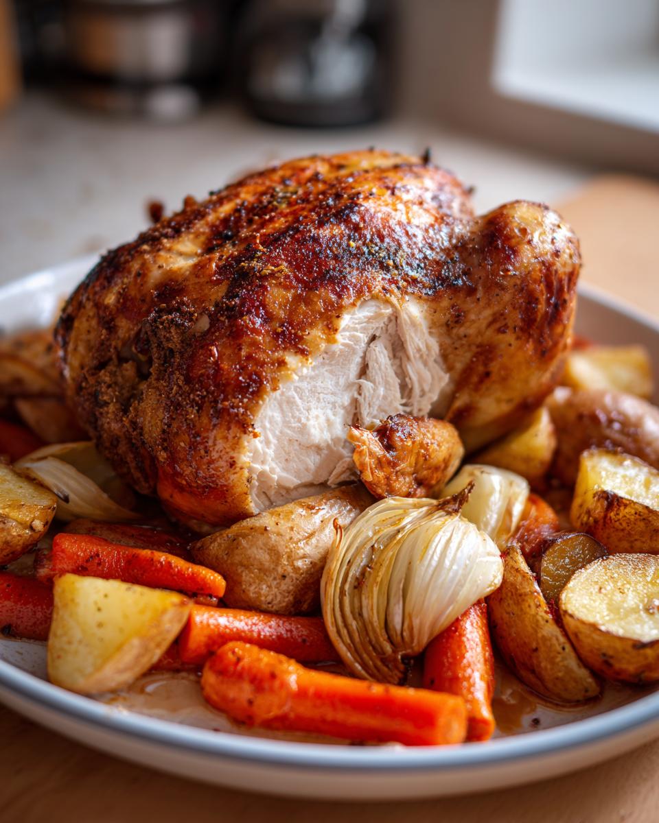 A perfectly roasted chicken with crispy skin, served with roasted potatoes, carrots, and onions, ideal for Sunday dinner ideas.