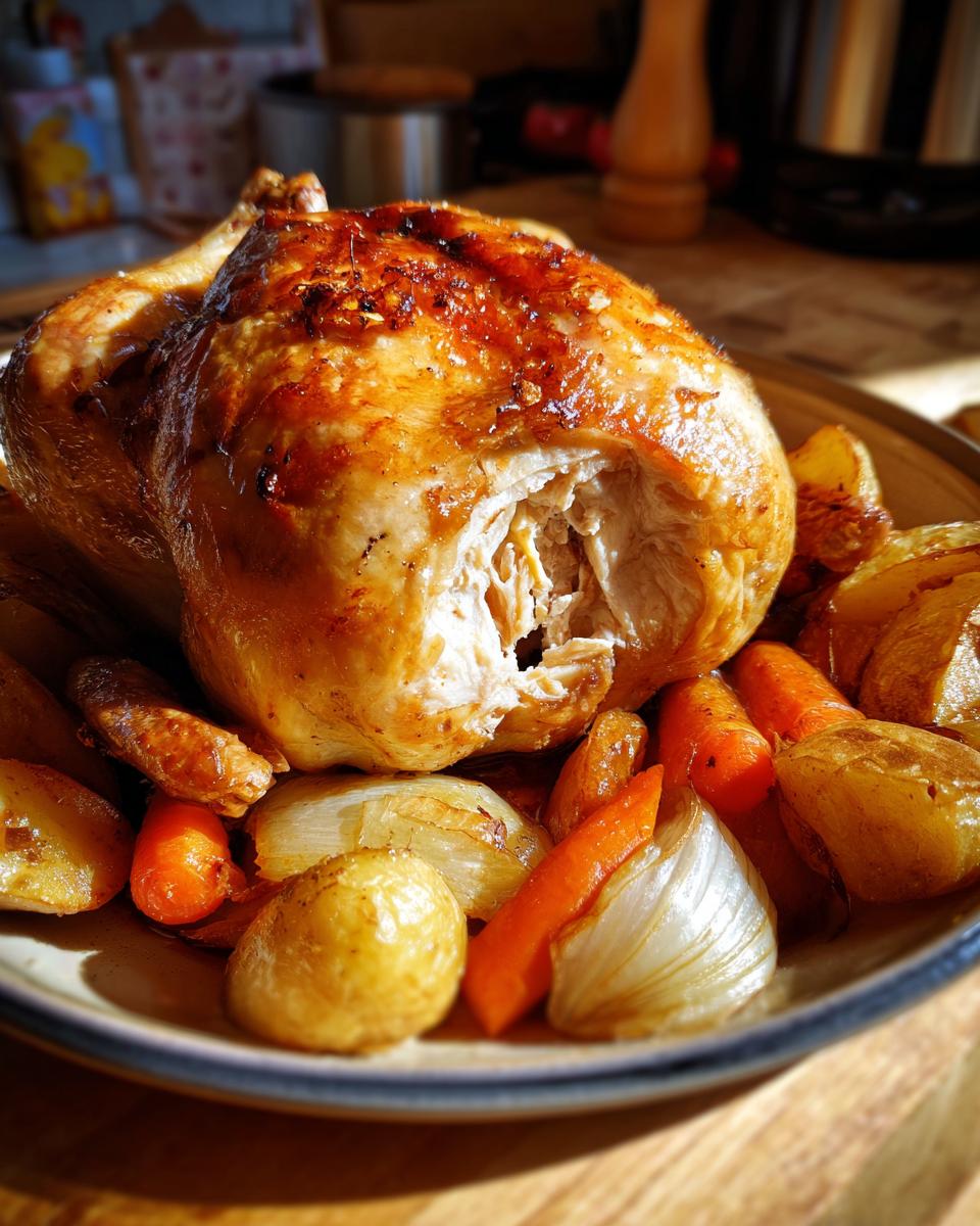 A golden-brown roasted chicken with roasted potatoes, carrots, and onions, perfect for Sunday dinner ideas.