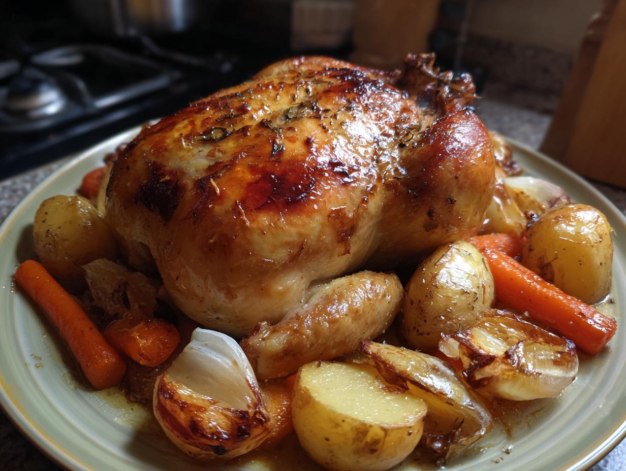 A golden-brown roast chicken with roasted potatoes, carrots, and garlic, perfect for Sunday dinner ideas.