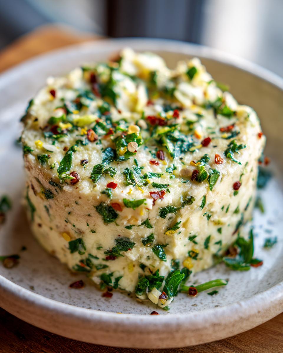 A close-up of a round block of roasted garlic cowboy butter, topped with fresh herbs and chili flakes.