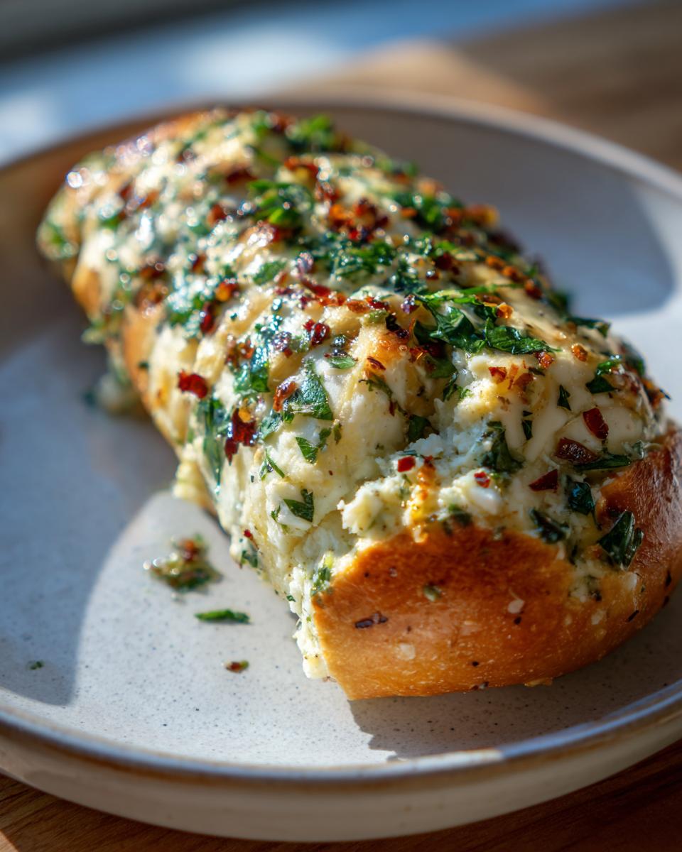 A close-up of a toasted baguette topped with creamy roasted garlic cowboy butter, herbs, and chili flakes.