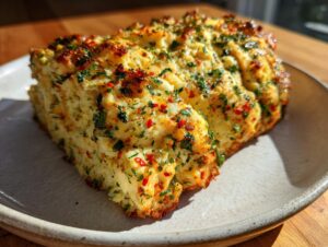 A slice of golden brown bread topped with herbs and red pepper flakes, featuring roasted garlic cowboy butter.