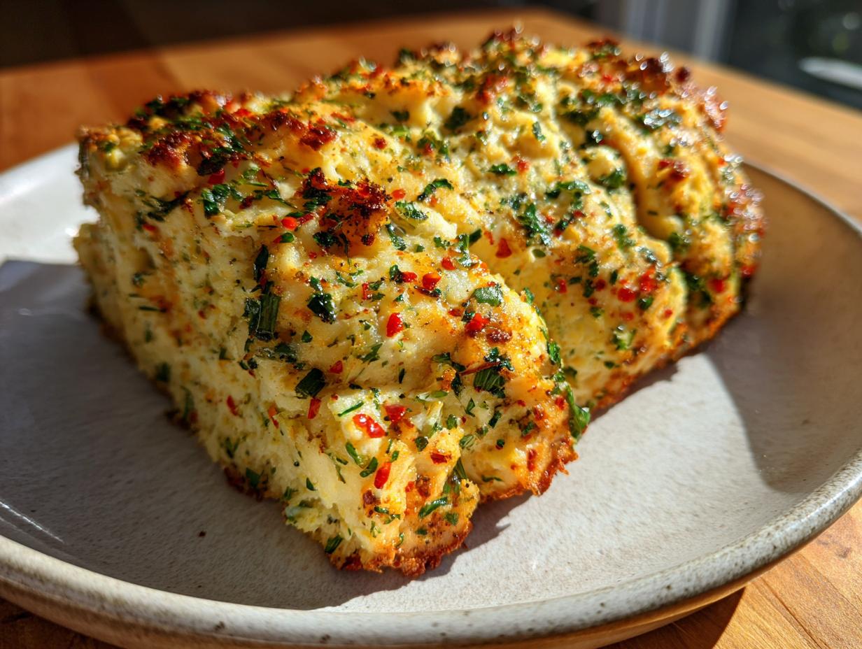 A slice of golden brown bread topped with herbs and red pepper flakes, featuring roasted garlic cowboy butter.