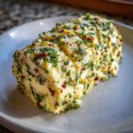 A log of roasted garlic cowboy butter, sliced and topped with herbs and chili flakes, on a plate.