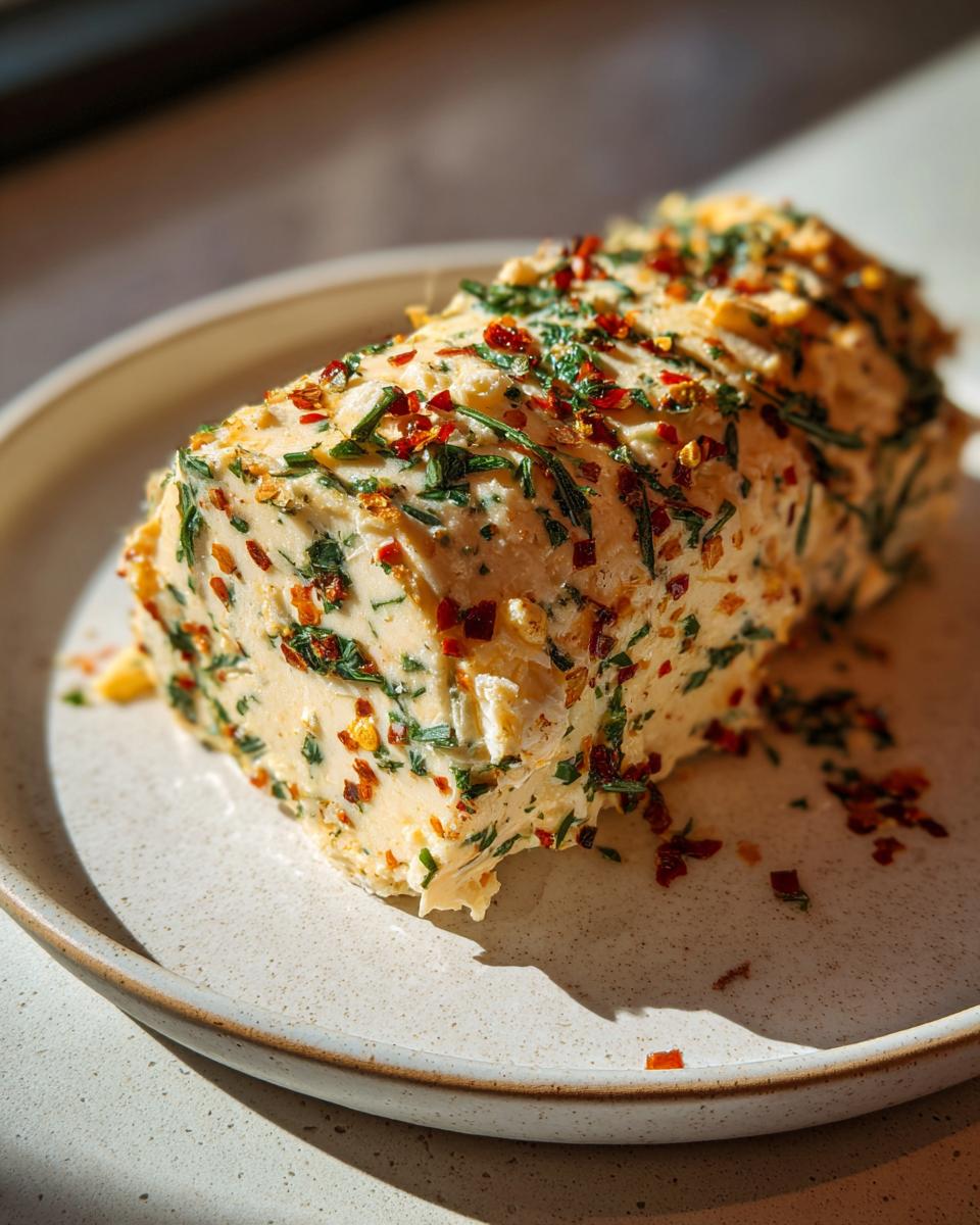A log of roasted garlic cowboy butter on a plate, coated in herbs and chili flakes.
