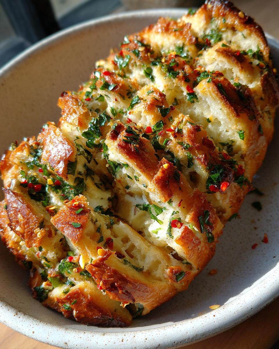 Close-up of pull-apart bread topped with roasted garlic cowboy butter, herbs, and chili flakes.