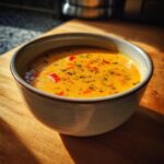 A close-up of a bowl of vibrant roasted vegetable soup, garnished with herbs and red pepper pieces.