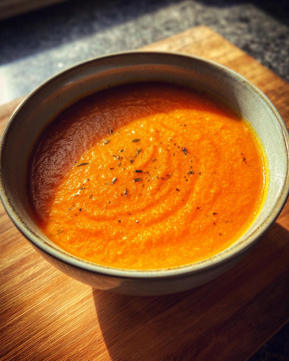 A close-up of a rustic bowl filled with vibrant orange roasted vegetable soup, garnished with herbs.