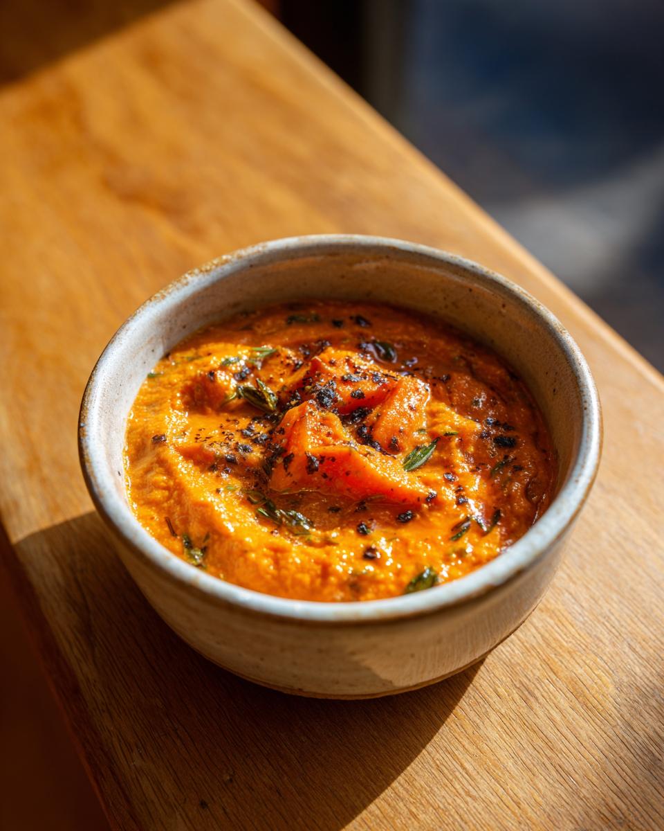 A close-up of a rustic bowl filled with vibrant orange roasted vegetable soup, garnished with herbs and black pepper.