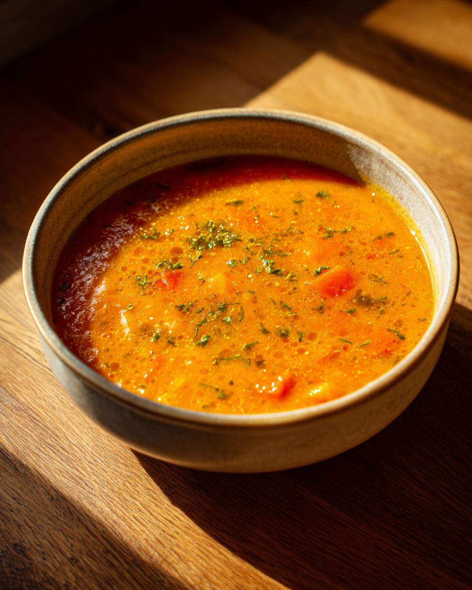 A close-up of a rustic bowl filled with vibrant orange roasted vegetable soup, garnished with fresh herbs.