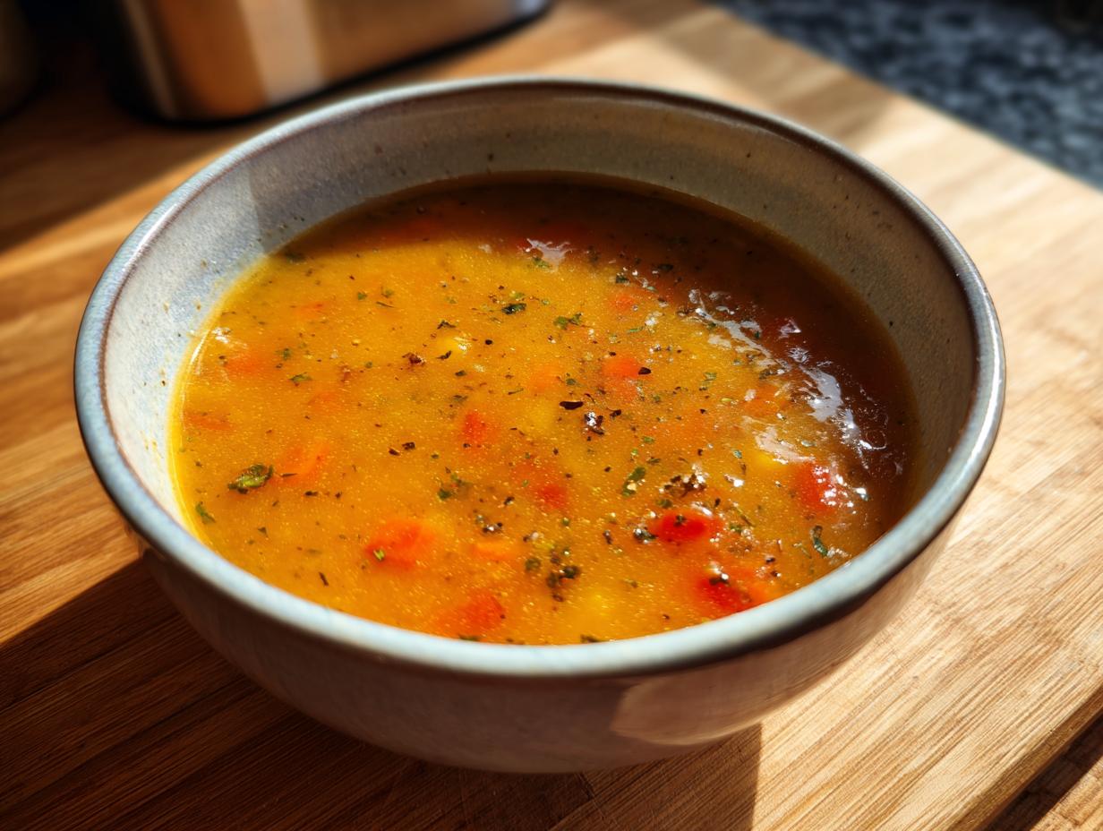 A close-up of a bowl filled with vibrant, chunky roasted vegetable soup, seasoned with herbs and spices.