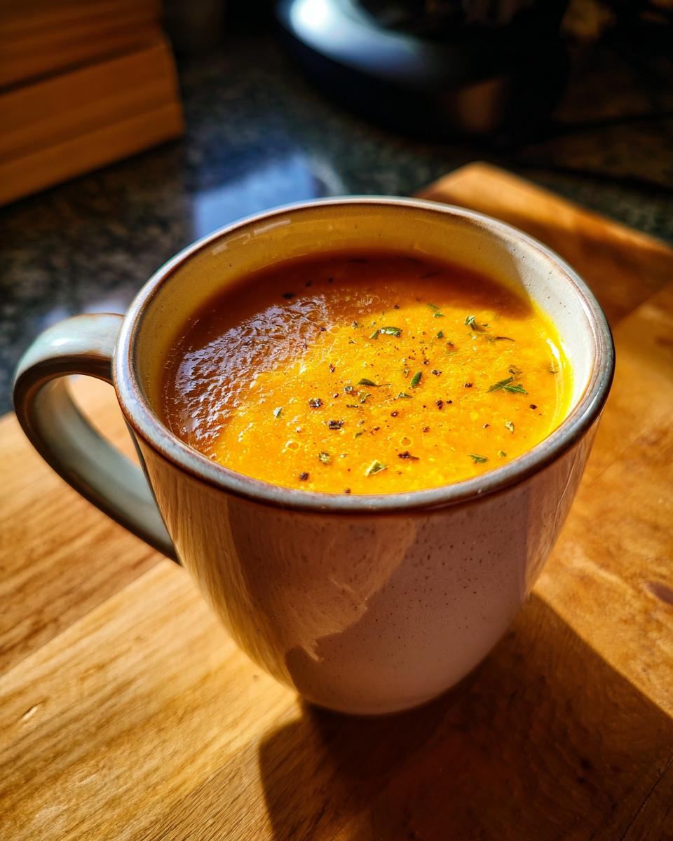 A close-up of a mug filled with vibrant orange roasted vegetable soup, garnished with herbs and pepper.