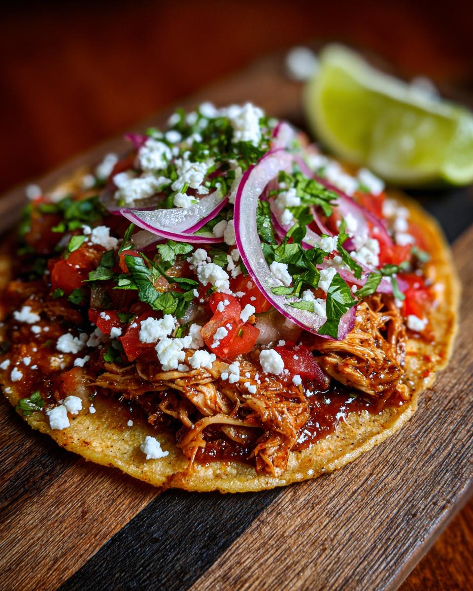 A close-up of a rotisserie chicken tostada topped with salsa, cheese, red onion, and cilantro, with a lime wedge on the side.