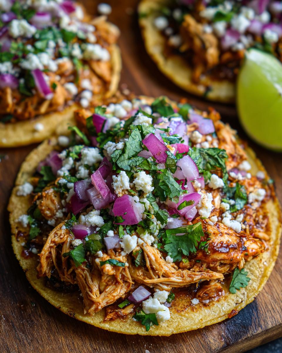 Close-up of a rotisserie chicken tostada topped with crumbled cheese, red onion, and cilantro.