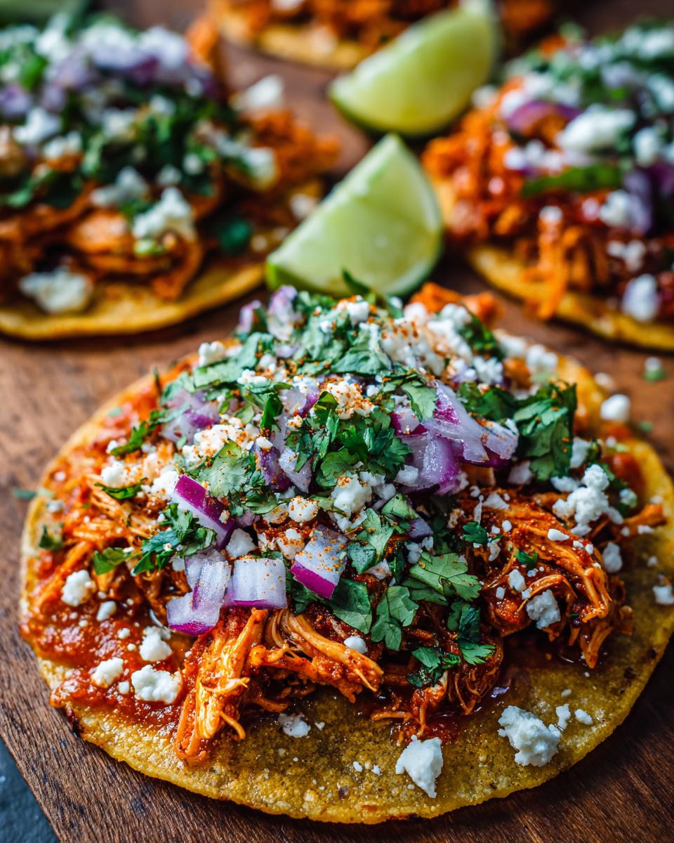 Close-up of a rotisserie chicken tostada topped with shredded chicken, red onion, cilantro, and crumbled cheese.