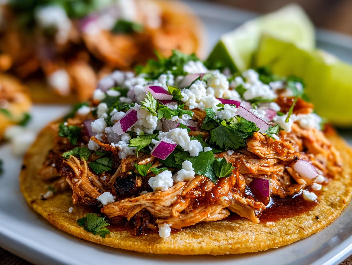 Close-up of a rotisserie chicken tostada topped with shredded chicken, crumbled white cheese, red onion, and cilantro.