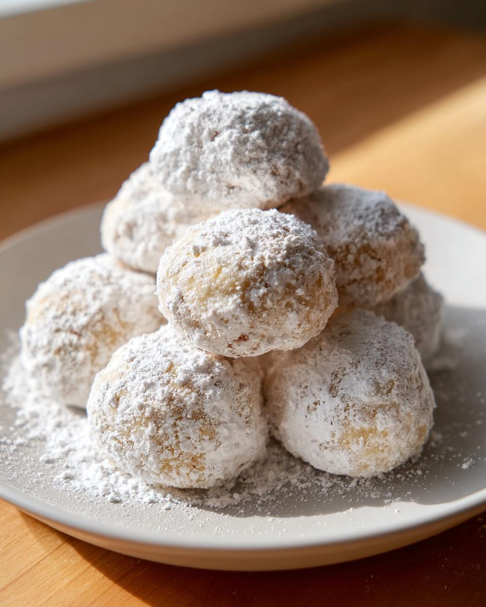 A close-up stack of freshly baked russian tea cakes heavily coated in white powdered sugar on a light gray plate.