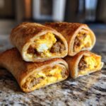 A stack of golden brown sausage egg breakfast roll ups, showing the fluffy scrambled eggs and savory sausage filling.
