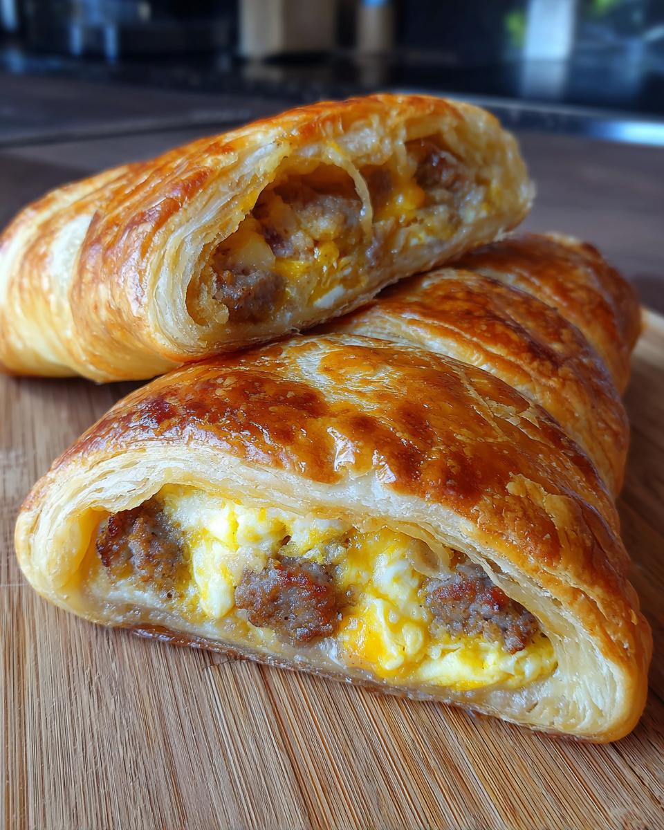 Close-up of golden-brown sausage egg breakfast roll ups, cut in half to reveal fluffy scrambled eggs and savory sausage crumbles.