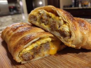 Close-up of two sausage egg breakfast roll ups cut in half, revealing fluffy eggs, savory sausage, and melted cheese.