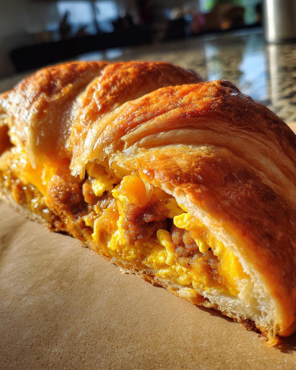 A close-up of a delicious sausage egg breakfast roll up, showing the flaky pastry filled with scrambled eggs and sausage crumbles.
