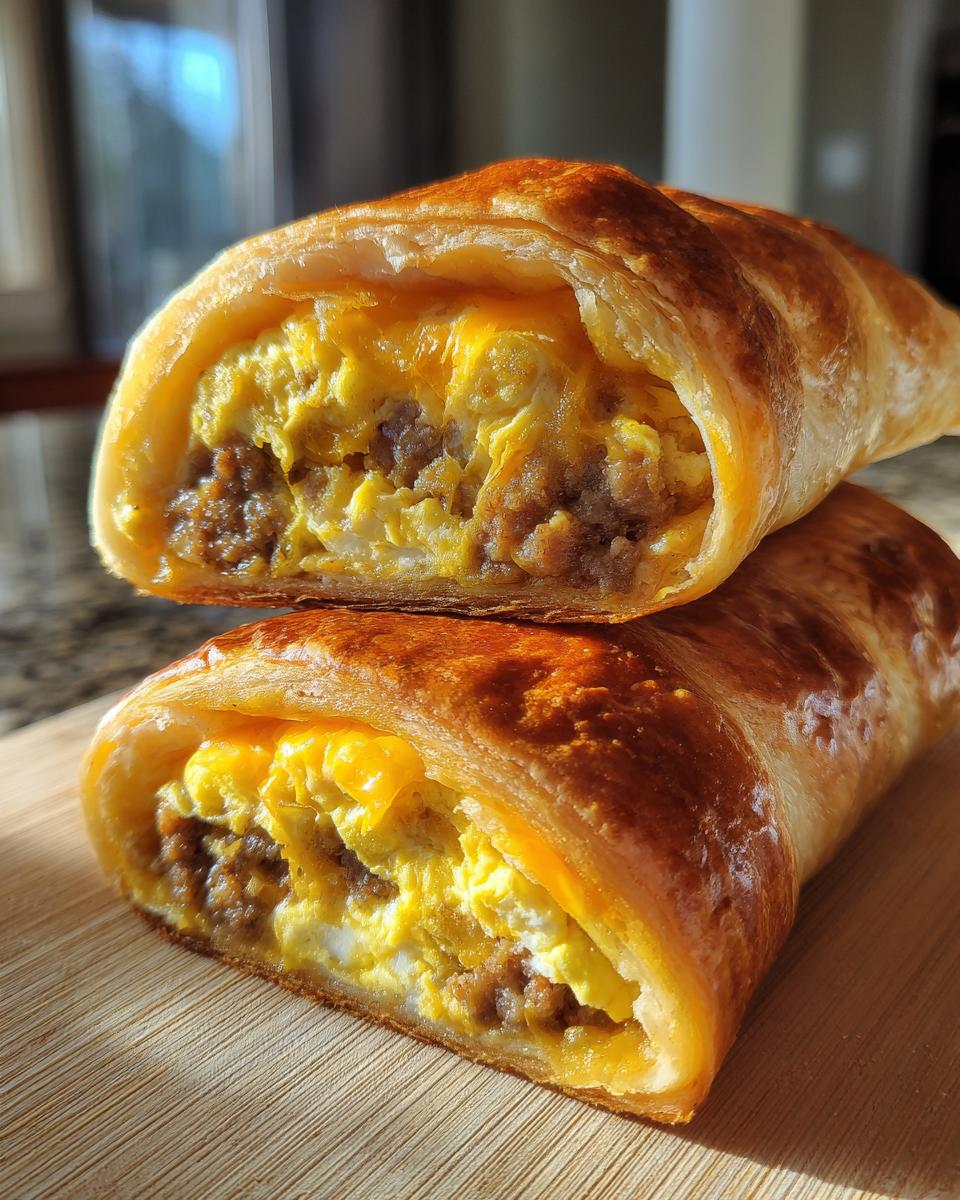 Close-up of two halves of a sausage egg breakfast roll up, showing fluffy scrambled eggs and savory sausage filling encased in golden-brown pastry.