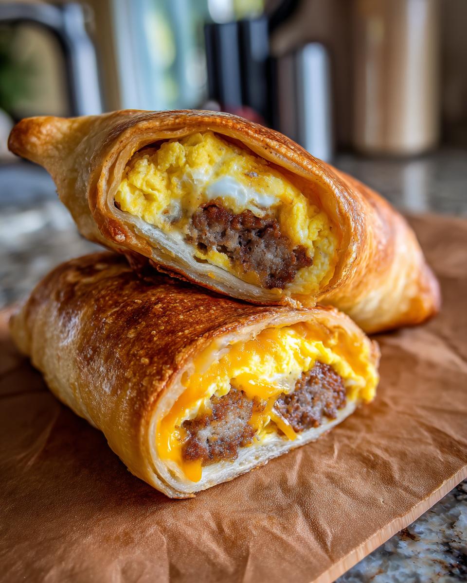 Close-up of a golden-brown sausage egg breakfast roll up, cut in half to reveal fluffy scrambled eggs, sausage, and melted cheese.
