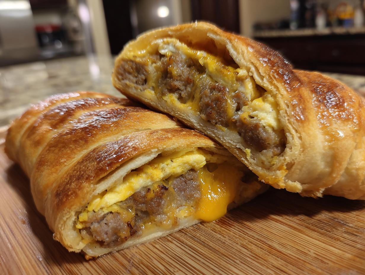 Close-up of two sausage egg breakfast roll ups cut in half, revealing fluffy eggs, savory sausage, and melted cheese.