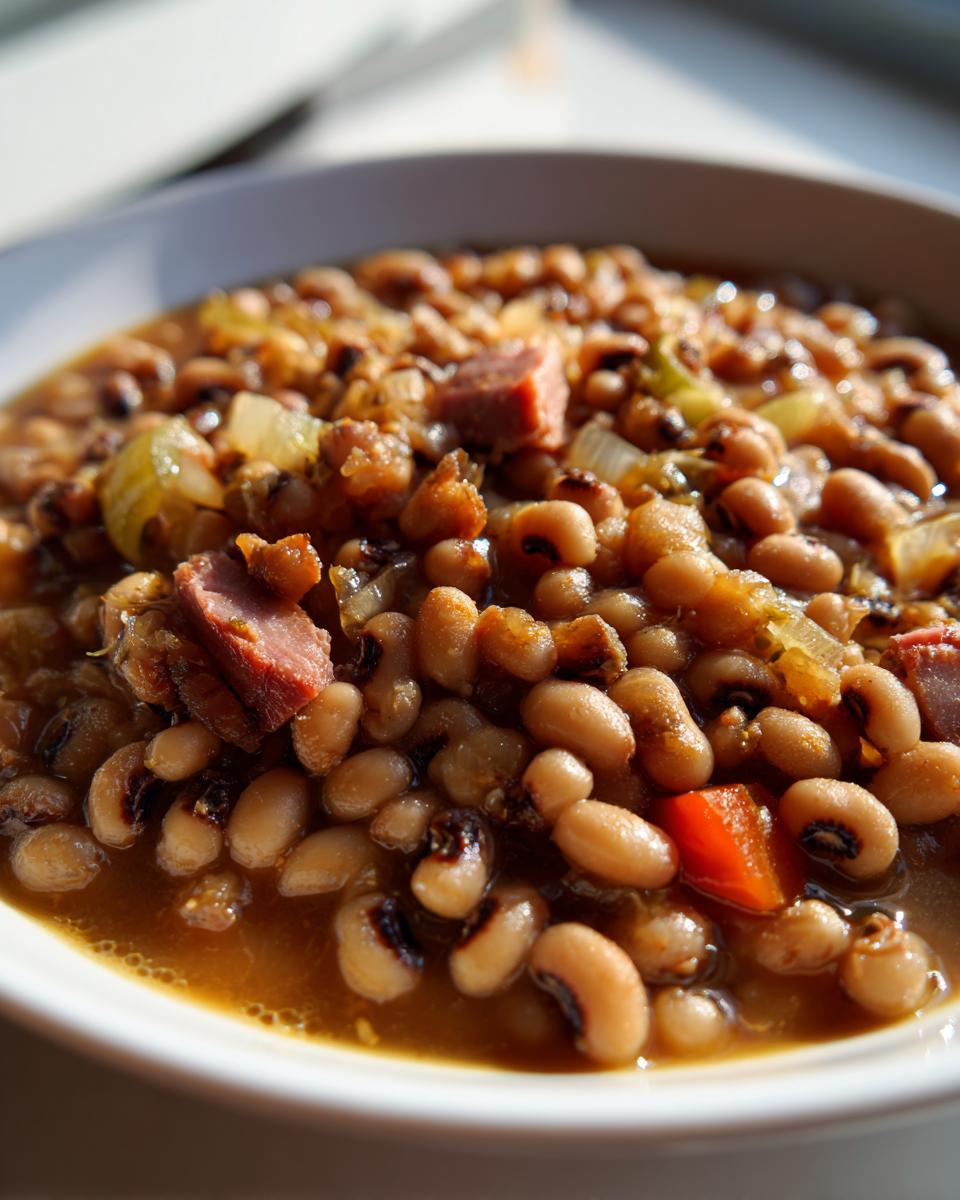 Close-up of a savory black eyed peas recipe stewed with chunks of ham, onions, and carrots in a rich broth.