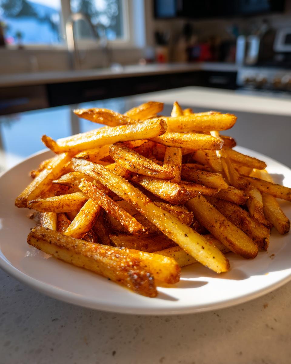 A close-up of a generous pile of golden, seasoned air fryer french fries served on a white plate.