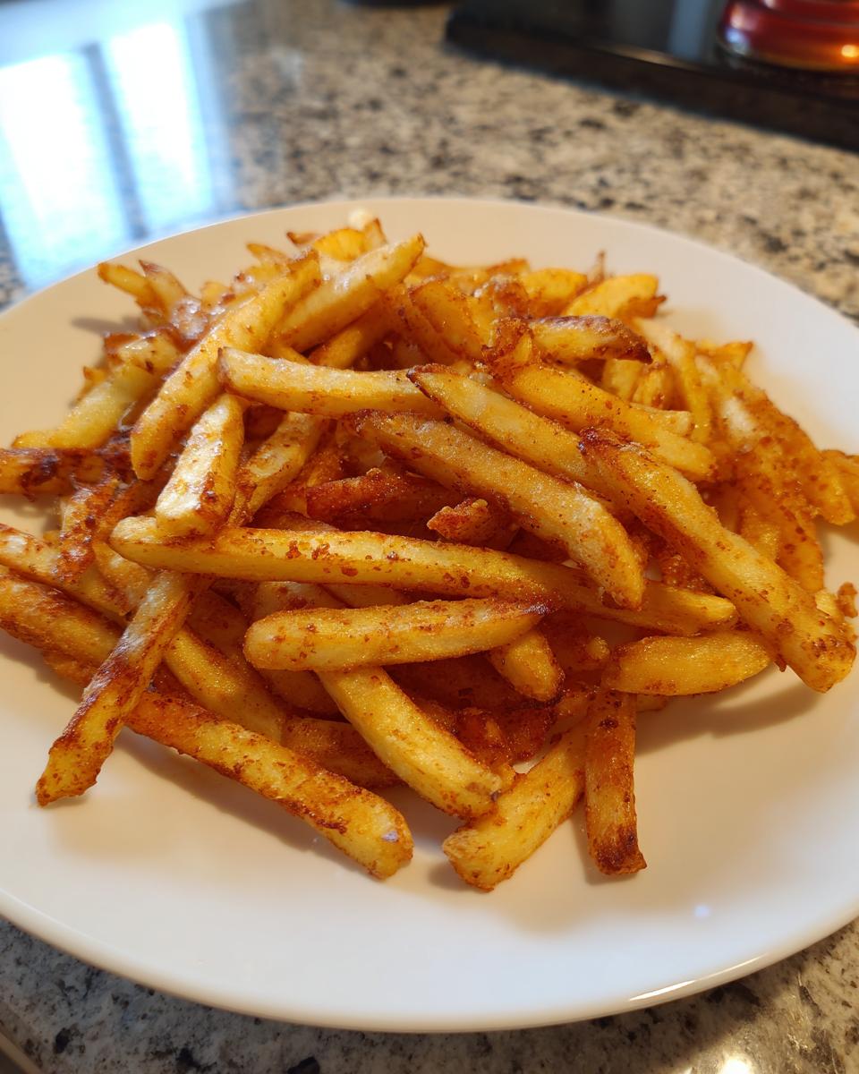 A close-up of a white plate piled high with golden, crispy, seasoned air fryer french fries.