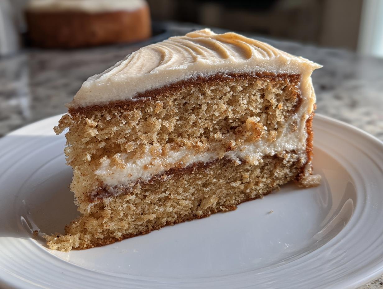 A close-up of a moist slice of spice cake layered with frosting, sitting on a white plate.