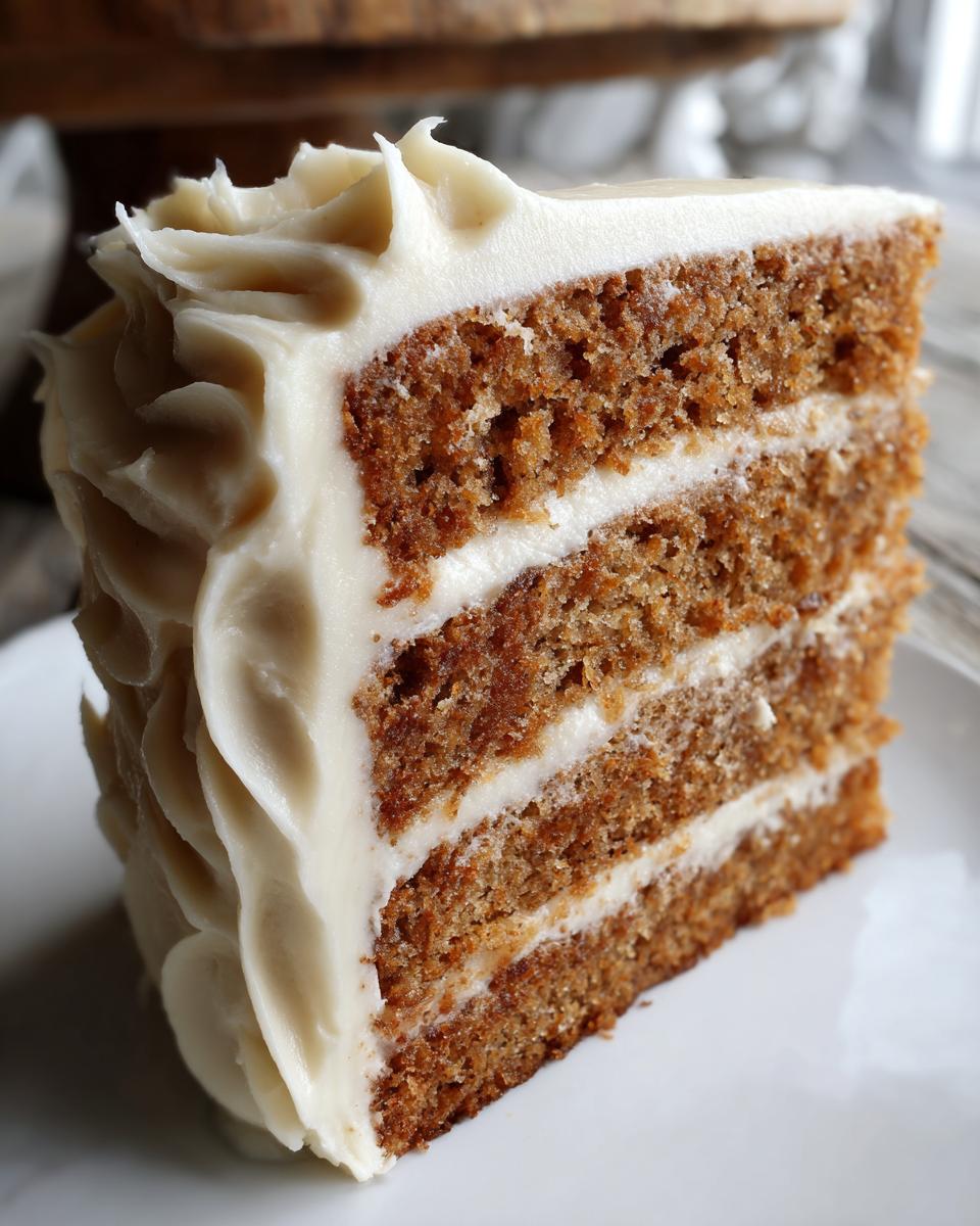 Close-up of a tall slice of layered spice cake with thick white cream cheese frosting.