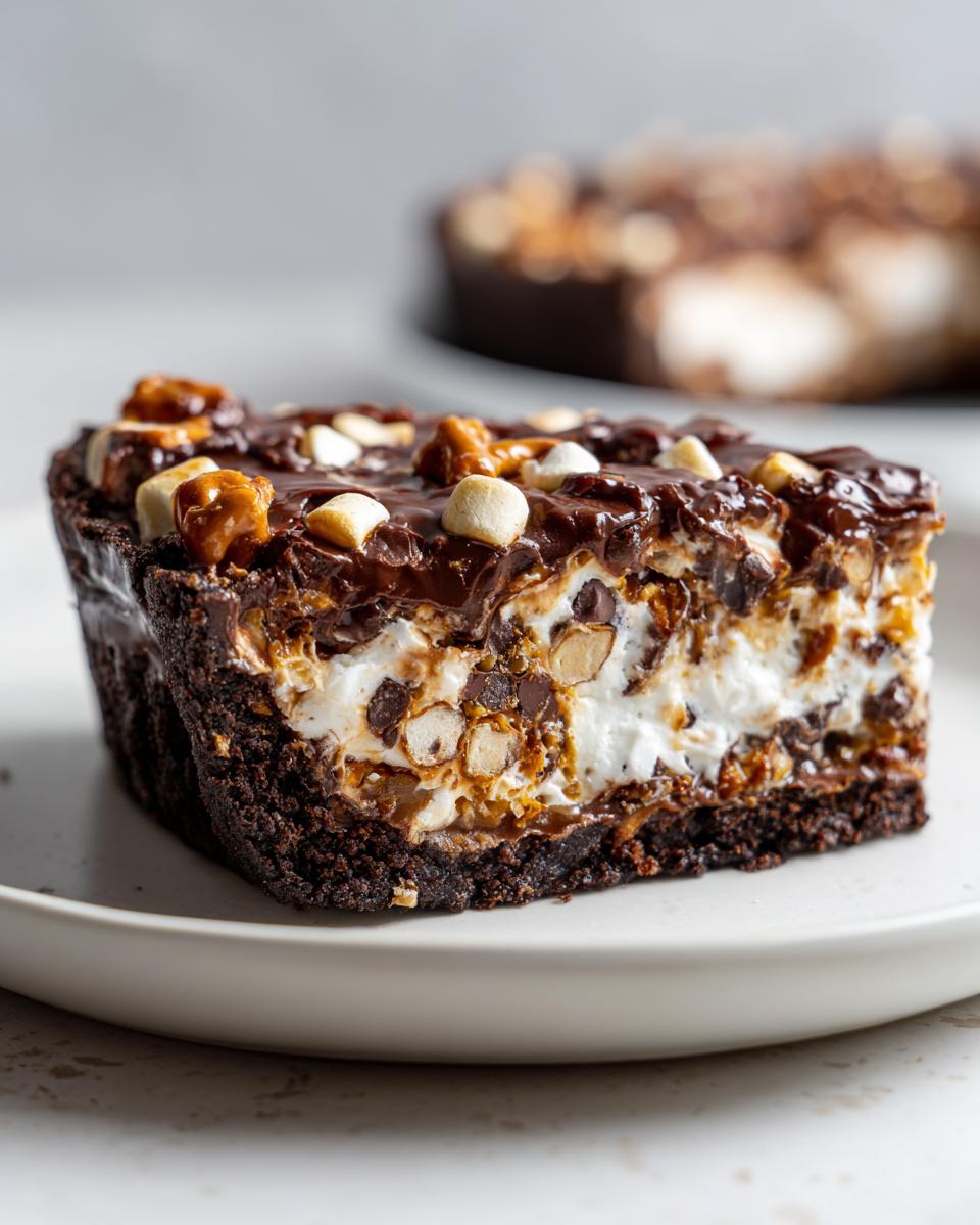 Close-up of a decadent slice of texas trash pie with a thick chocolate crust, marshmallow, nuts, and chocolate topping.