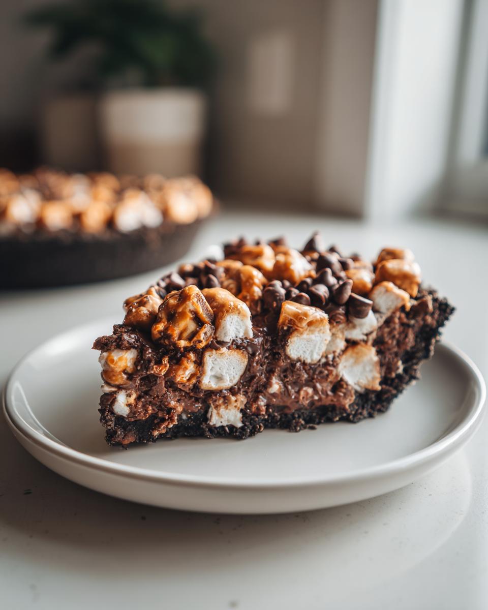 A decadent slice of texas trash pie featuring a chocolate crust, gooey filling, marshmallows, and chocolate chips.