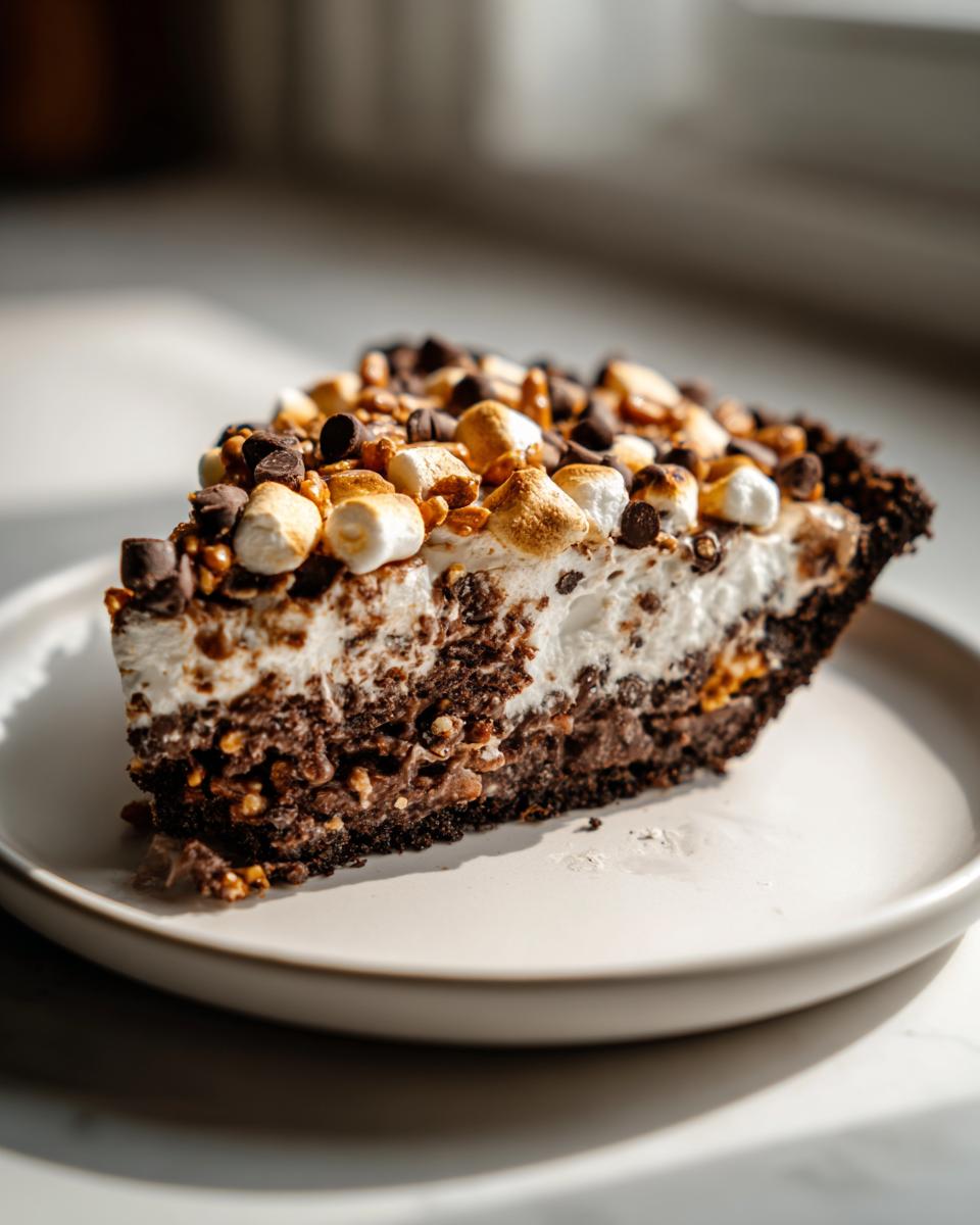 A decadent slice of texas trash pie featuring a dark crust, creamy filling, topped with mini marshmallows and chocolate chips.