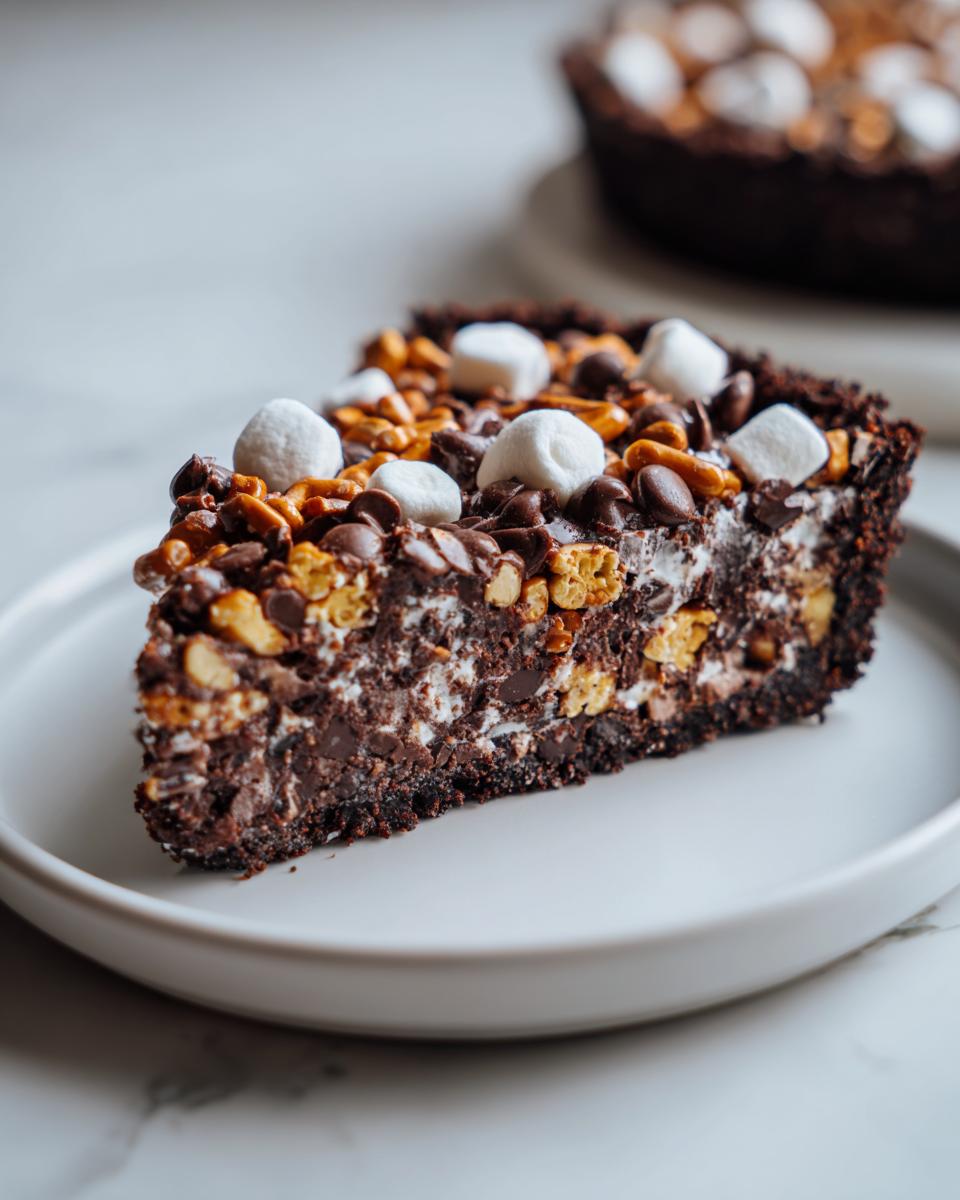 A decadent slice of texas trash pie showing a rich chocolate filling mixed with pretzels, chips, and topped with mini marshmallows.