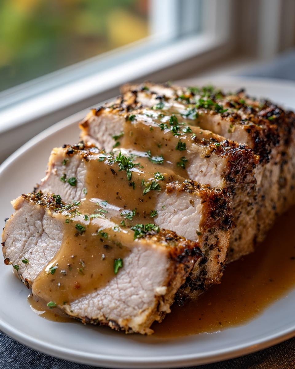 Close-up of sliced instant pot turkey breast, seasoned and covered in savory brown gravy and parsley.
