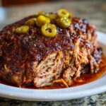 A juicy and tender slow cooker Mississippi pork roast, topped with sliced jalapeños and rich sauce.