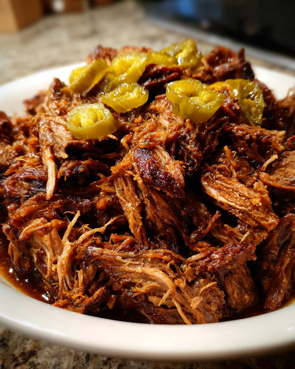 Close-up of shredded Slow Cooker Mississippi Pork Roast topped with sliced jalapeños in a white bowl.