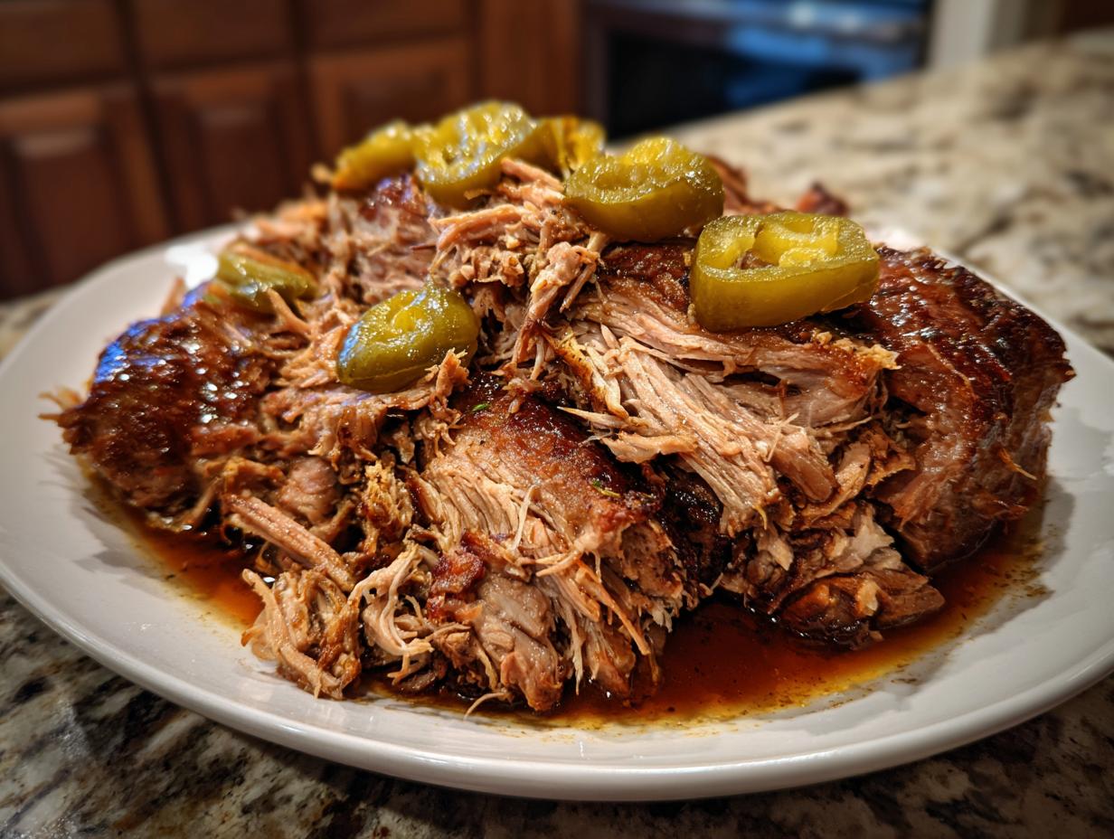 A plate piled high with shredded slow cooker Mississippi pork roast, topped with sliced jalapenos.