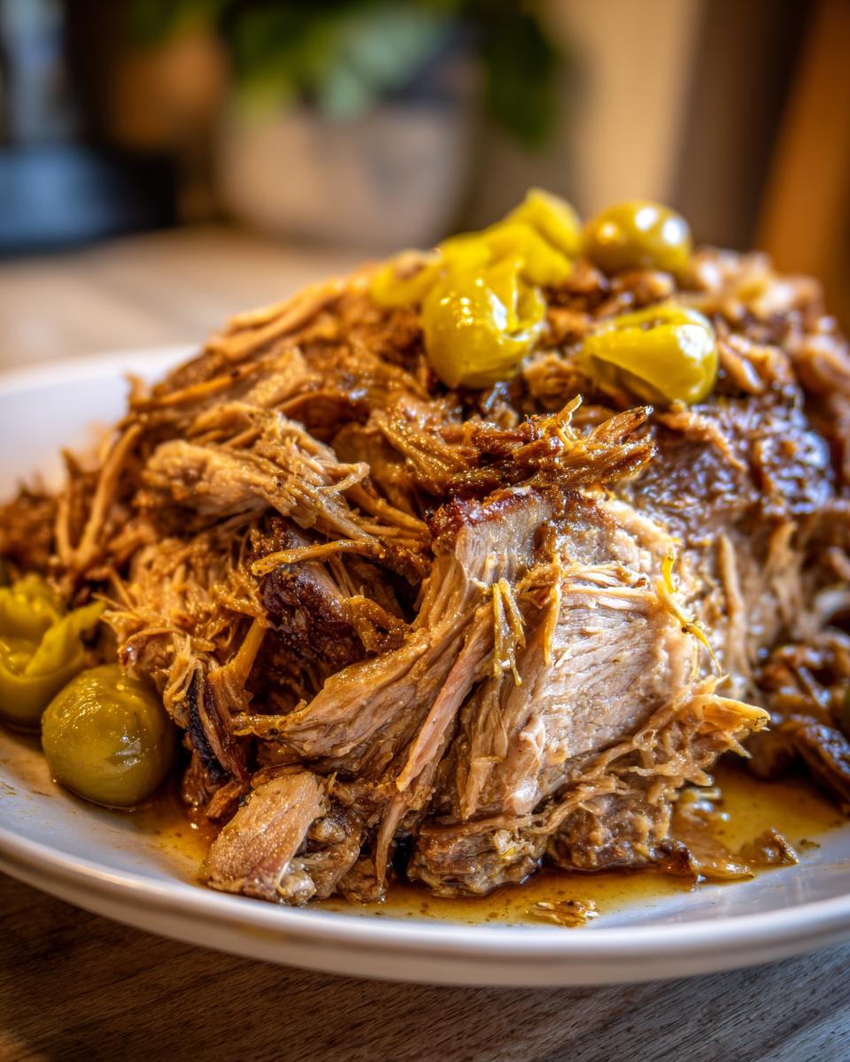 A close-up of a tender Slow Cooker Mississippi Pork Roast, shredded and topped with pickled peppers on a white plate.