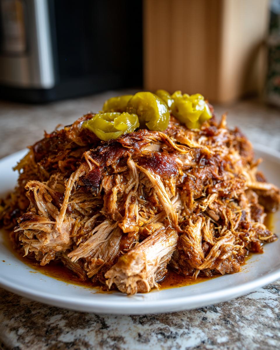 A plate piled high with shredded Slow Cooker Mississippi Pork Roast, topped with sliced pepperoncini peppers.