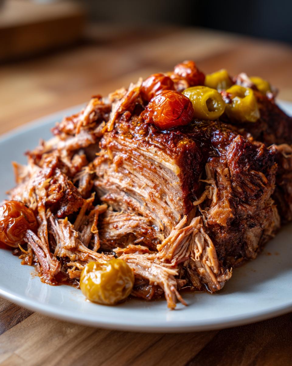 A tender, shredded slow cooker Mississippi pork roast topped with cherry tomatoes and pepperoncini peppers.