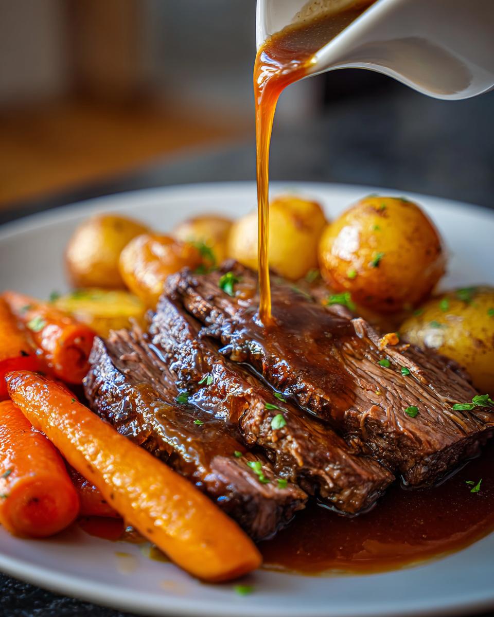 Pouring rich gravy over tender slices of slow cooker pot roast, served with roasted potatoes and carrots.