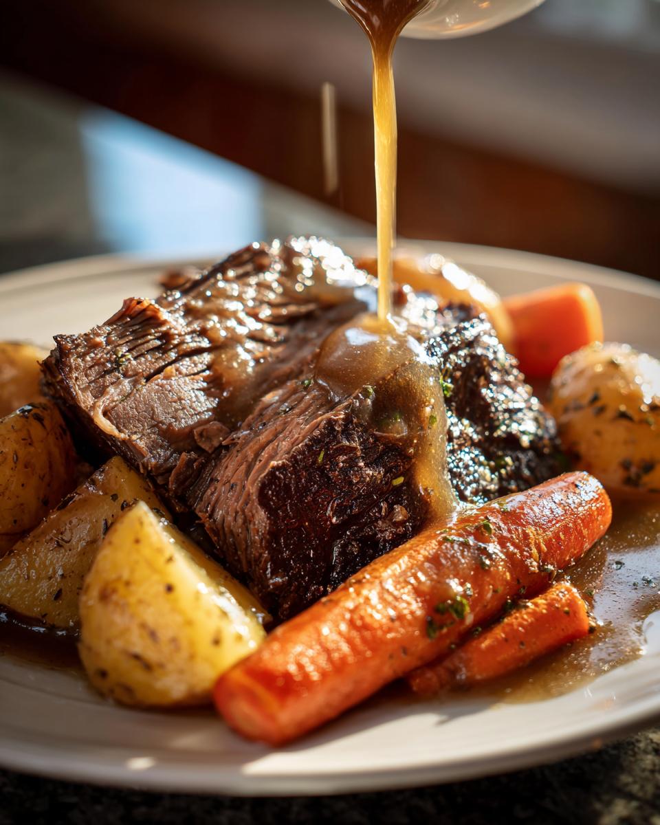 A close-up of a fork-tender slow cooker pot roast being drizzled with gravy, served with roasted carrots and potatoes.